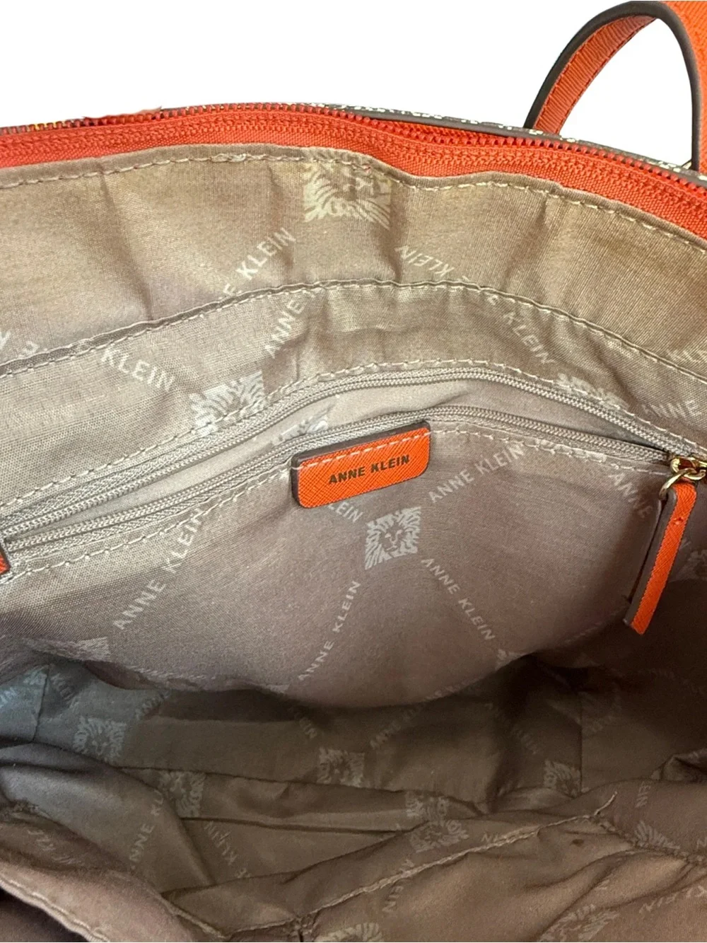 Anne Klein Brown Logo Monogram Tote Bag Orange Trim Shoulder Purse